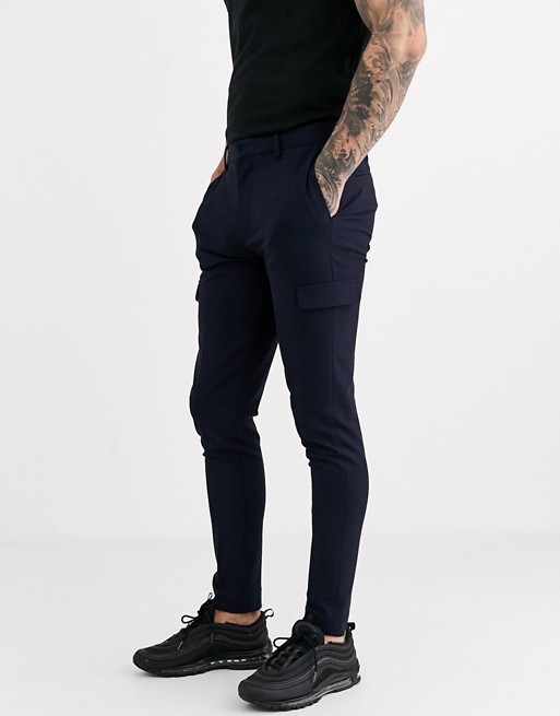 ASOS DESIGN smart super skinny trousers in navy with cargo pockets
