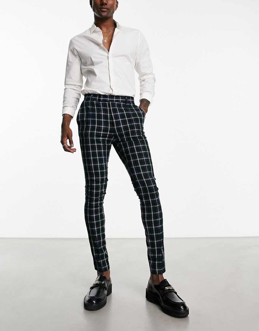 ASOS DESIGN smart super skinny trousers with tartan check in navy