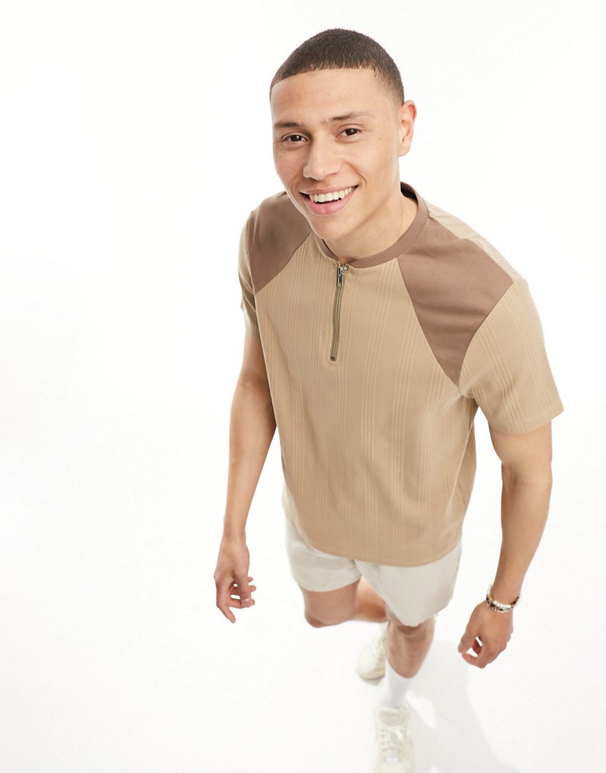 ASOS DESIGN smart t-shirt in colour block rib with zip-Brown