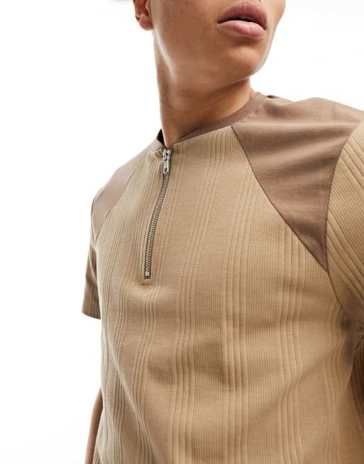 ASOS DESIGN muscle fit ribbed mock neck t-shirt with zip in tan