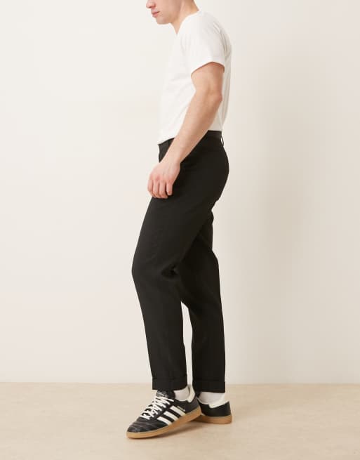 ASOS DESIGN smart tapered comfort ribbed pants in black with turnup, 3 of 5