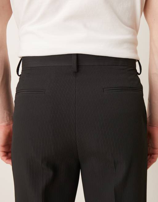 ASOS DESIGN smart tapered comfort ribbed pants in black with turnup, 4 of 5