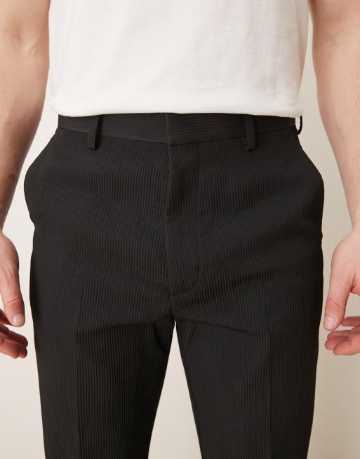 ASOS DESIGN smart tapered comfort ribbed pants in black with turnup, 5 of 5