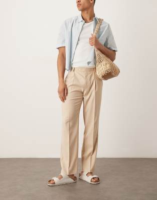 asos ASOS DESIGN smart tapered crosshatch textured trousers with front pleat in beige