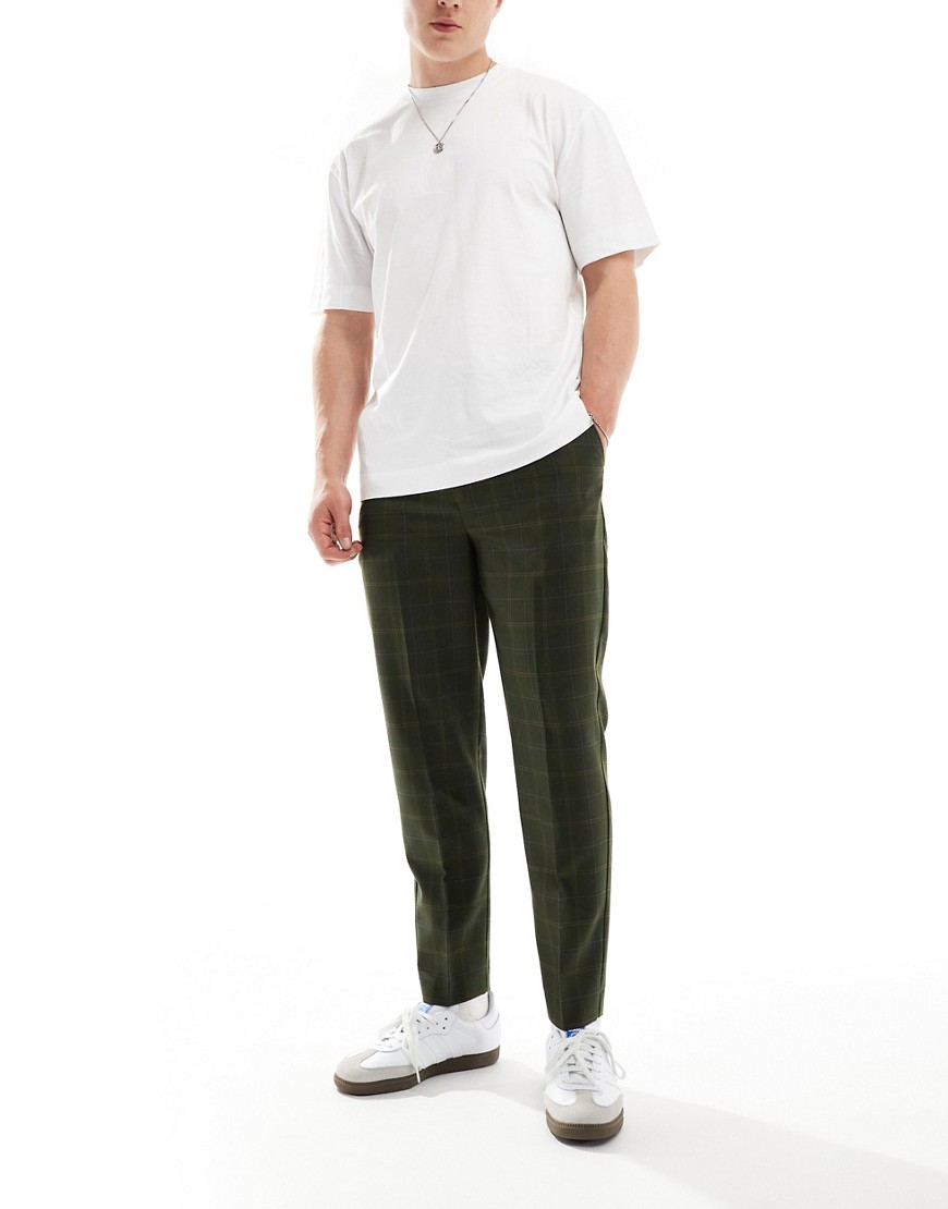 ASOS DESIGN smart tapered fit check trousers in forrest green