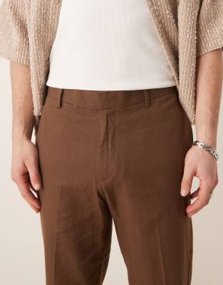 Asos Design Smart Tapered Fit Linen Blend Pants In Brown