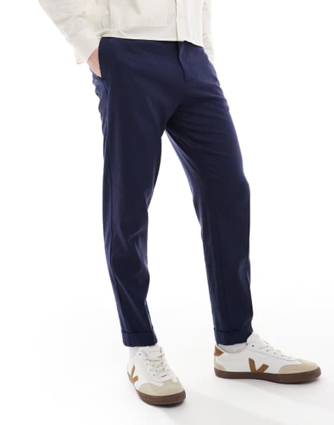 ASOS DESIGN smart tapered fit linen blend trousers in navy - view 1