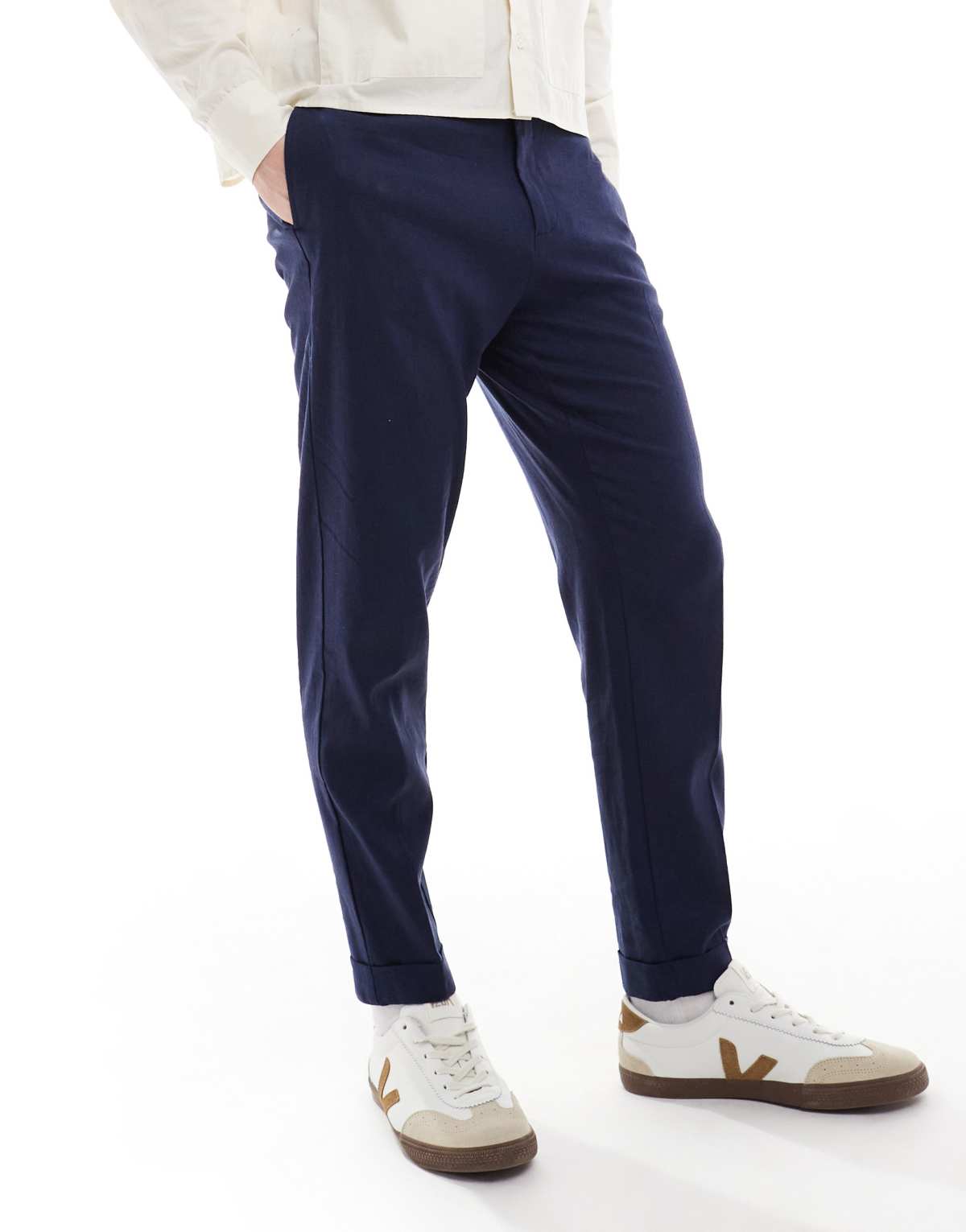 ASOS DESIGN smart tapered fit linen blend trousers in navy