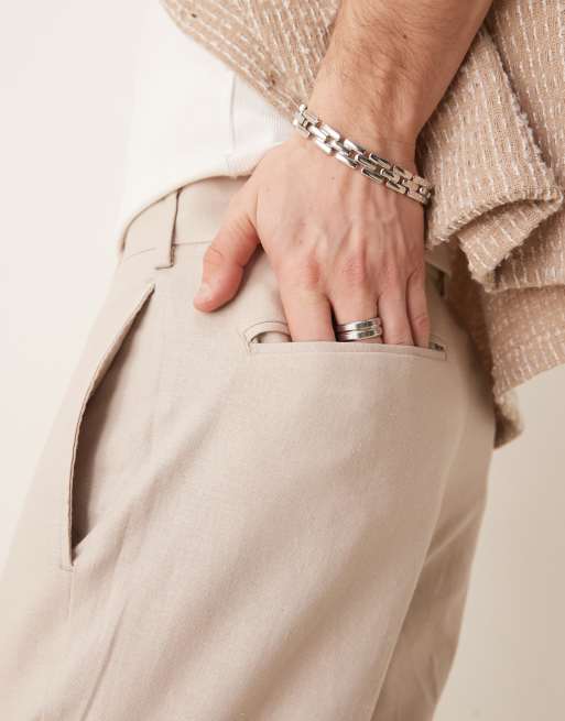 ASOS DESIGN smart tapered fit linen blend trousers in stone with turnups