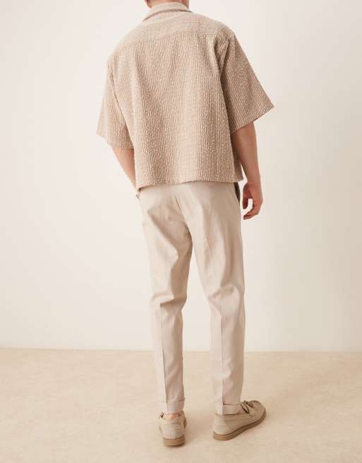 ASOS DESIGN smart tapered fit linen blend trousers in stone with turnups