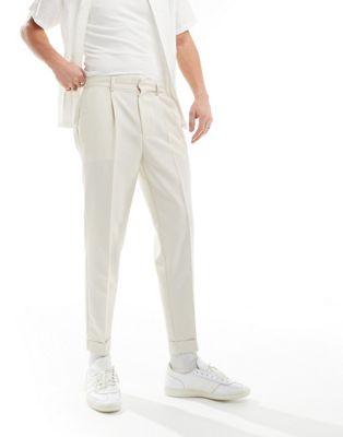 ASOS DESIGN smart tapered fit trousers in ecru microtexture