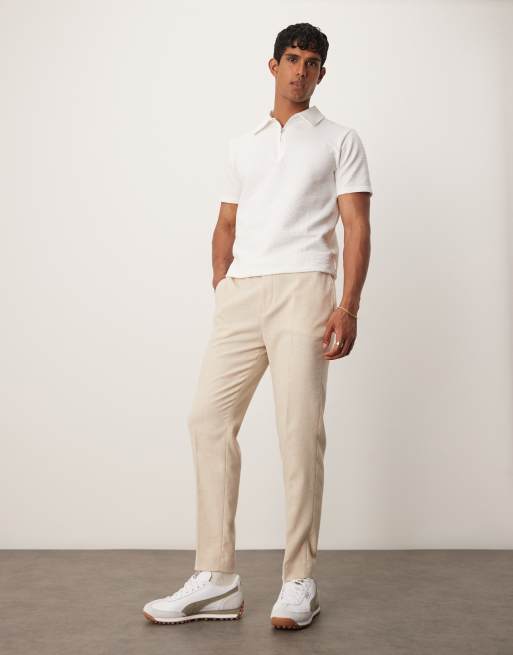 ASOS DESIGN smart tapered fit wool mix trousers in light stone