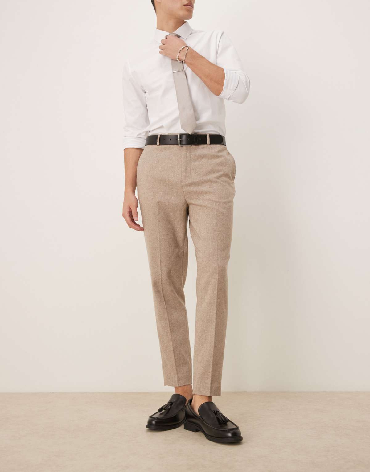 ASOS DESIGN smart tapered fit wool mix trousers in stone