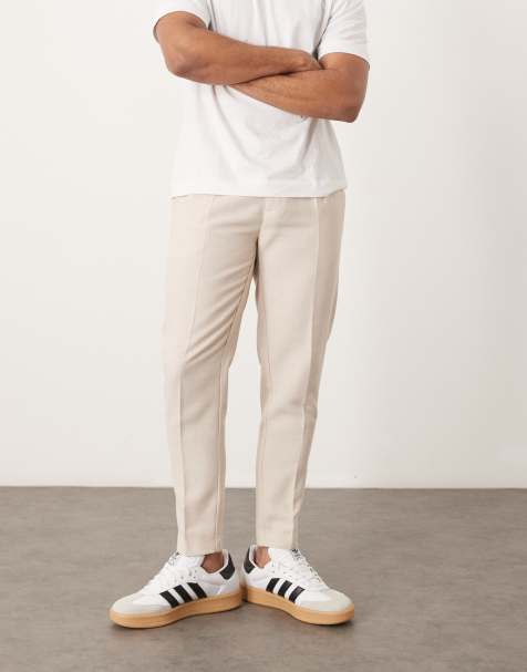 ASOS DESIGN smart tapered fit wool mix trousers with front pleat in stone - view 1