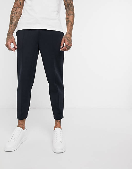 ASOS DESIGN smart tapered joggers in navy scuba with fixed hem