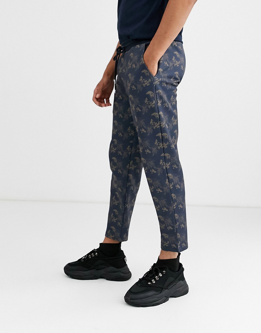 ASOS DESIGN smart tapered joggers in poly tricot with floral print-Navy