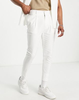 ASOS DESIGN smart tapered linen mix trousers in white