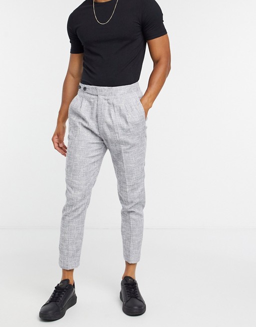 ASOS DESIGN smart tapered linen trousers in grey cross hatch