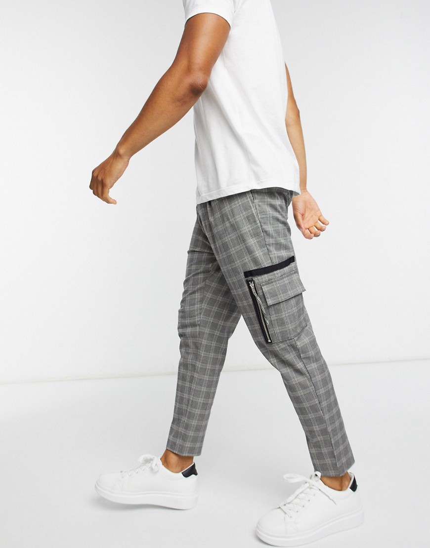 ASOS DESIGN smart tapered pants in gray check print and cargo pockets