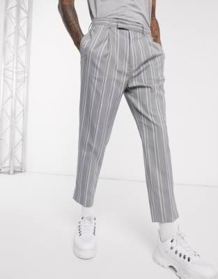 ASOS DESIGN tapered crop smart pants in stone horizontal stripe