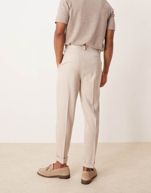 ASOS DESIGN smart tapered pants in neutral texture with front pleat and turn ups