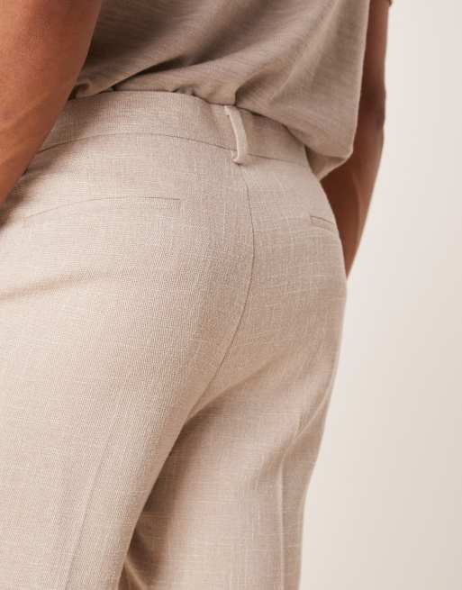 ASOS DESIGN smart tapered pants in neutral texture with front pleat and turn ups