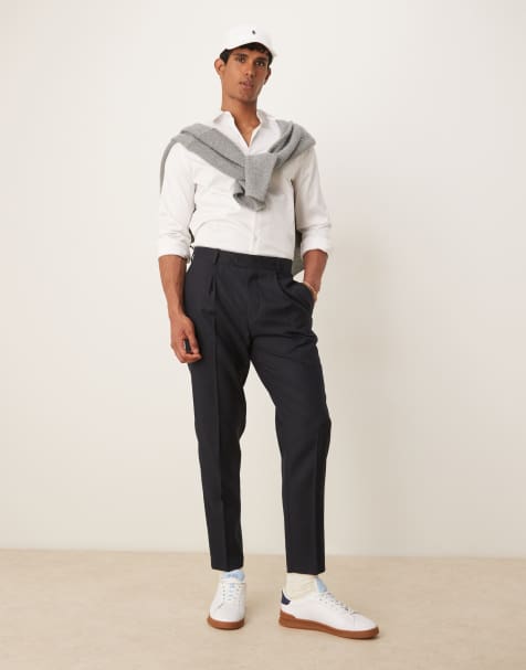 ASOS DESIGN smart tapered pants with front pleat in navy microtexture - view 1