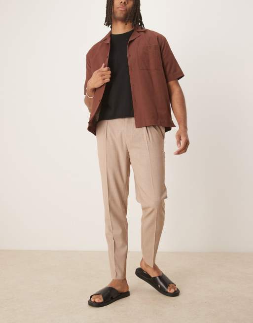 ASOS DESIGN smart tapered pants with front pleat in stone melange