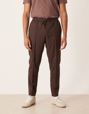 Asos Design Smart Tapered Pants With Full Elastic Waistband In Brown