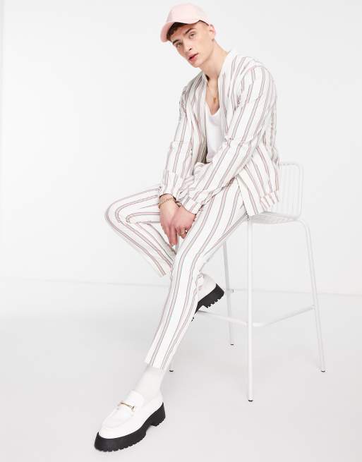 ASOS DESIGN smart tapered pants with retro pink stripe in white - part of a set