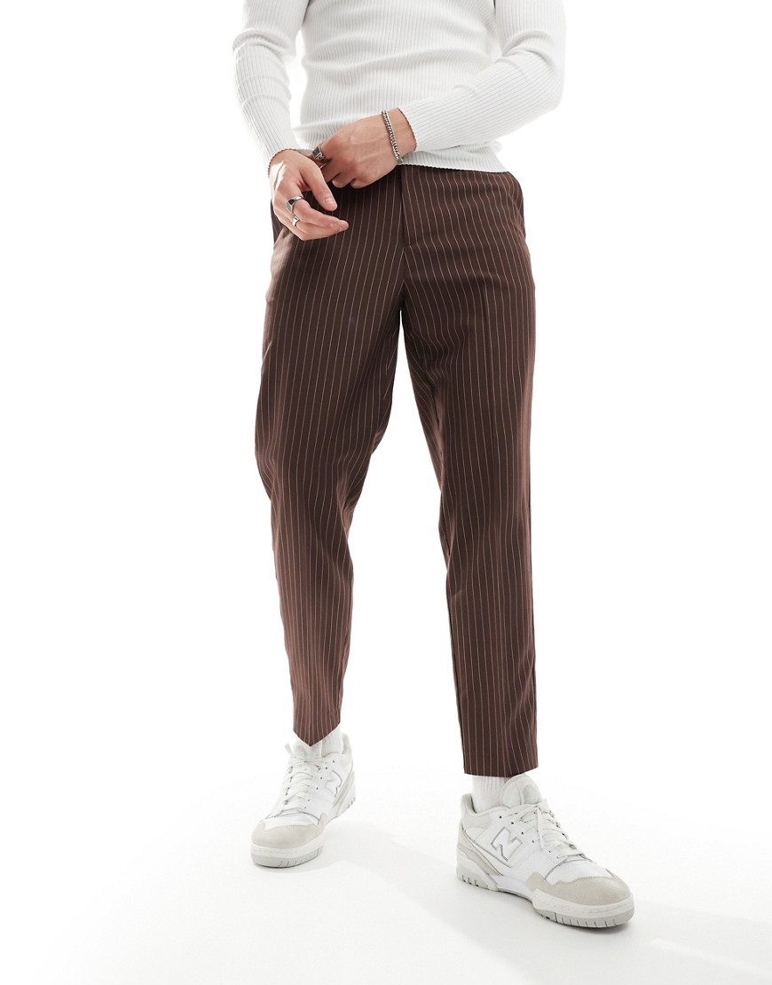 ASOS DESIGN smart tapered pinstripe trousers in brown