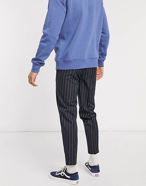 Men smart tapered pinstripe trousers in navy 