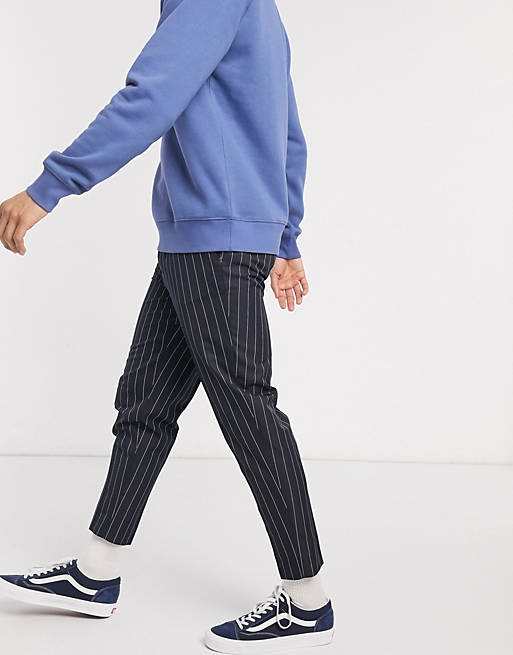 Men smart tapered pinstripe trousers in navy 