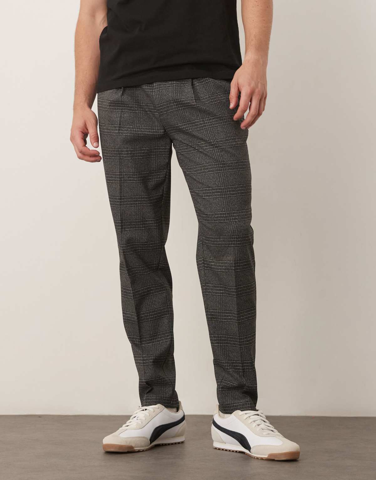 ASOS DESIGN smart tapered trousers in black check with front pleat