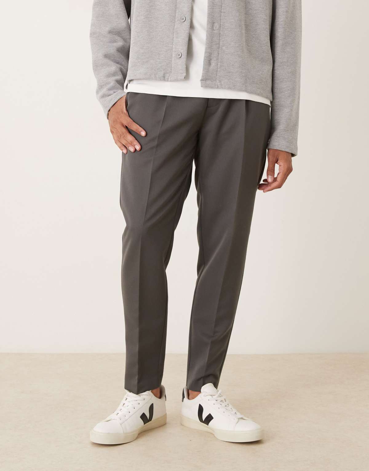 ASOS DESIGN smart tapered trousers in charcoal with front pleat