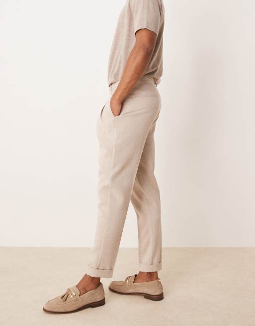 ASOS DESIGN smart tapered pants in neutral texture with front pleat and turn ups