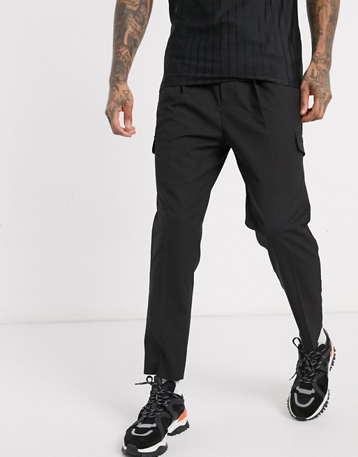 ASOS DESIGN smart tapered trousers with cargo pockets in black and elasticated waist