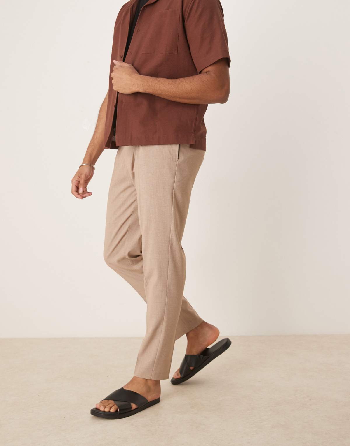 ASOS DESIGN smart tapered trousers with front pleat in stone melange