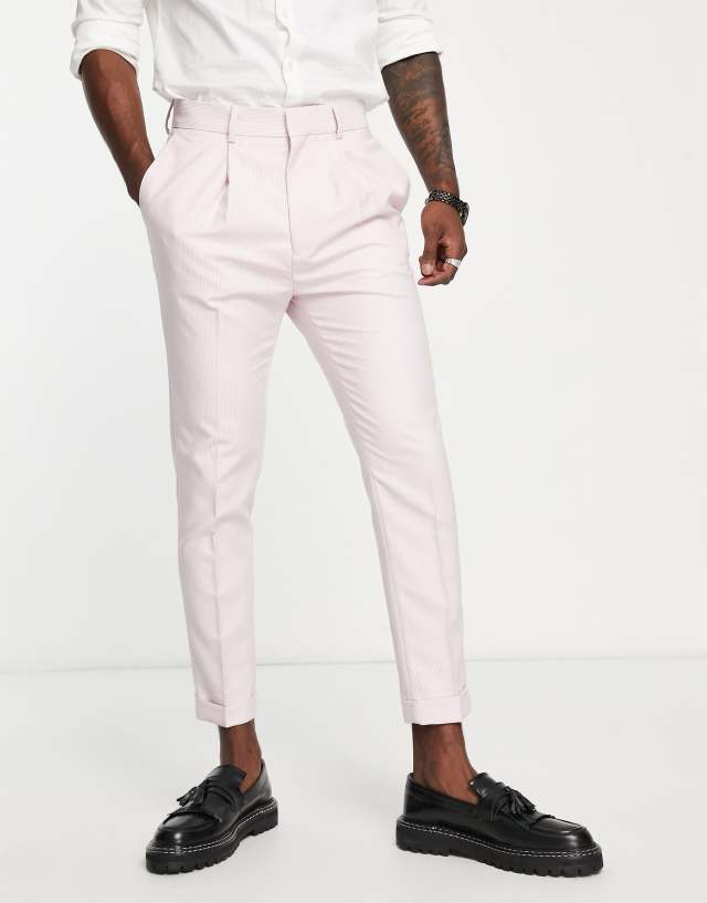 ASOS DESIGN smart tapered turnup pants with micro texture in pastel pink