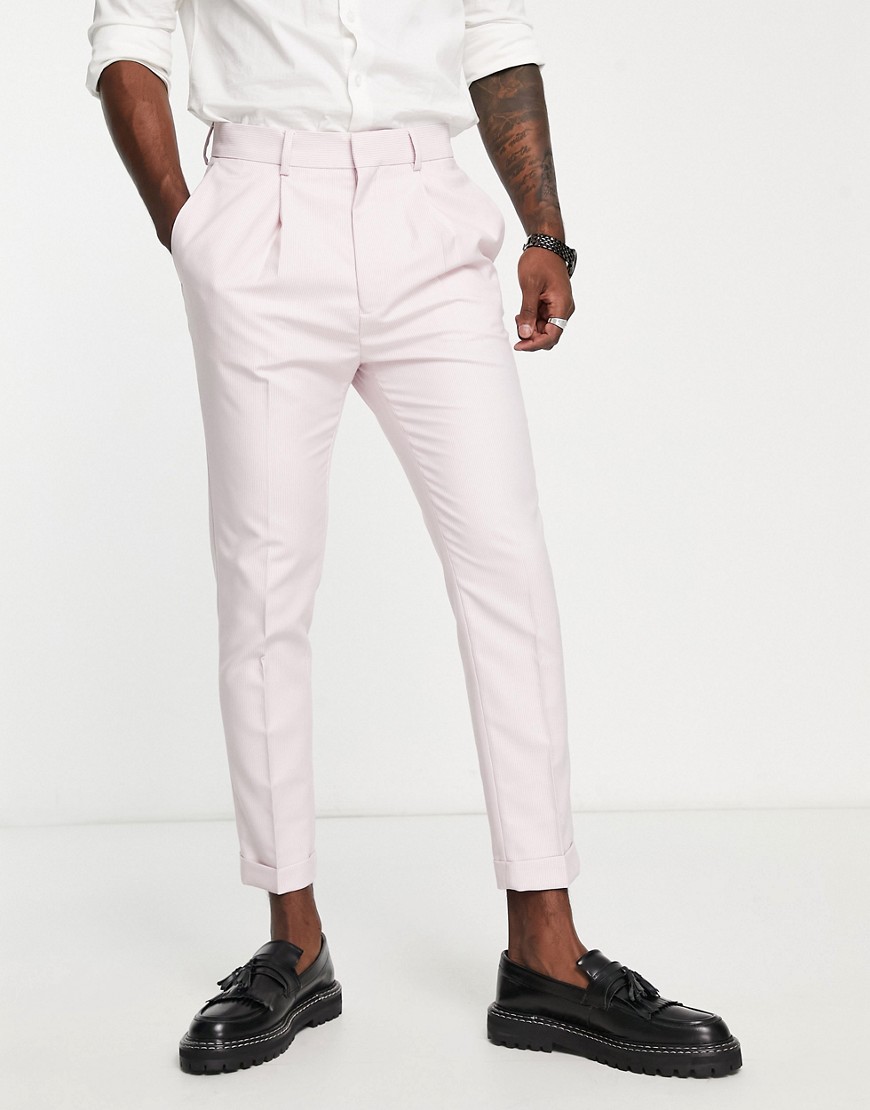 ASOS DESIGN smart tapered turnup trousers with micro texture in pastel pink