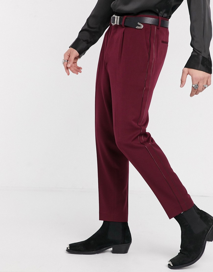 ASOS DESIGN smart tapered tuxedo trousers in burgundy
