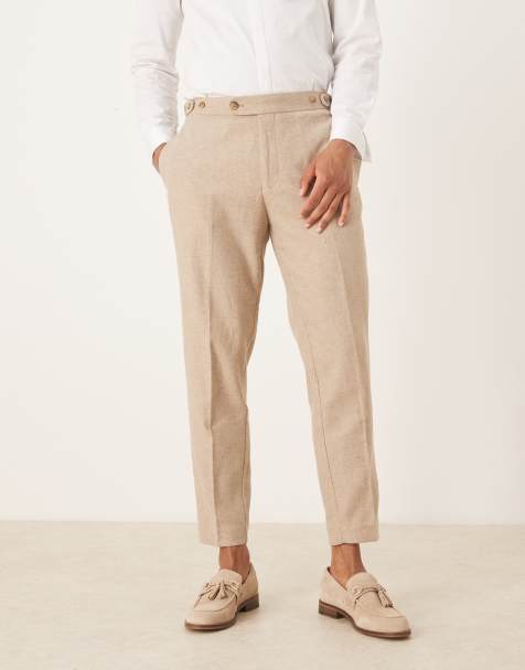 ASOS DESIGN smart tapered wool blend trousers in stone with side adjusters