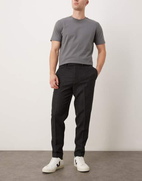 ASOS DESIGN smart tapered wool mix trousers with check in charcoal