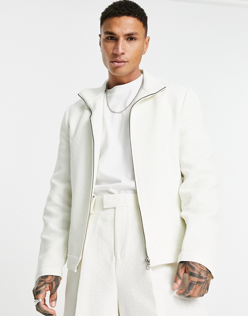 ASOS DESIGN smart track jacket in cream jacquard - part of a set-White