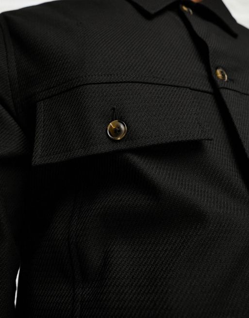 Jacket with Button Placket Black Wool Twill