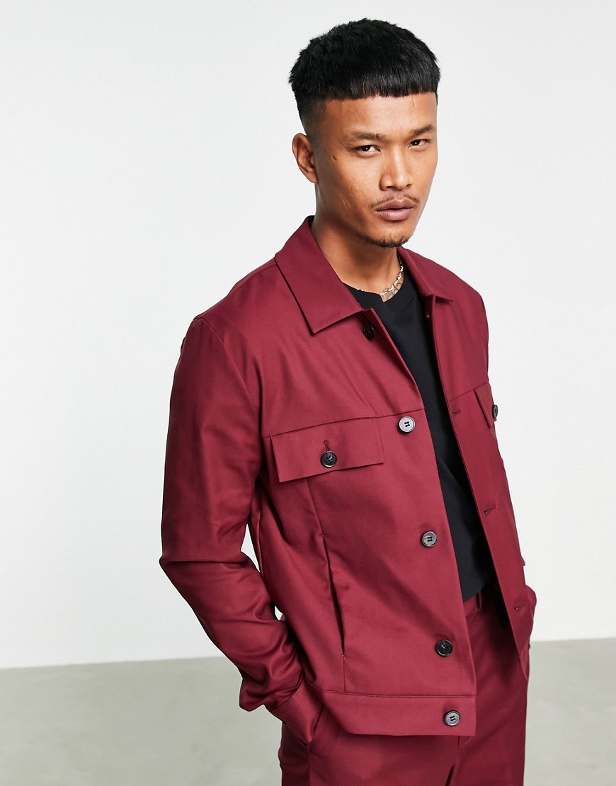 ASOS DESIGN smart trucker jacket set in burgundy-Red