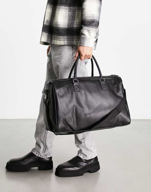 ASOS DESIGN smart weekend holdall bag in black faux leather with branded emboss