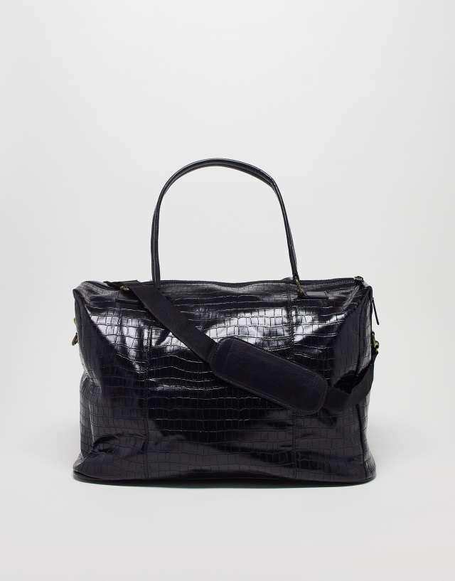 ASOS DESIGN smart weekend structured holdall in black faux croc