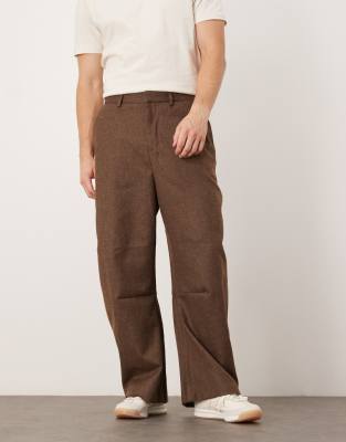 Asos Design Smart Wide Barrel Leg Fit Pants With Front Pleats In Brown