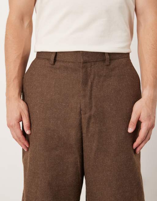 ASOS DESIGN smart wide barrel leg fit pants with front pleats in brown brushed fabric - BROWN, 4 of 5